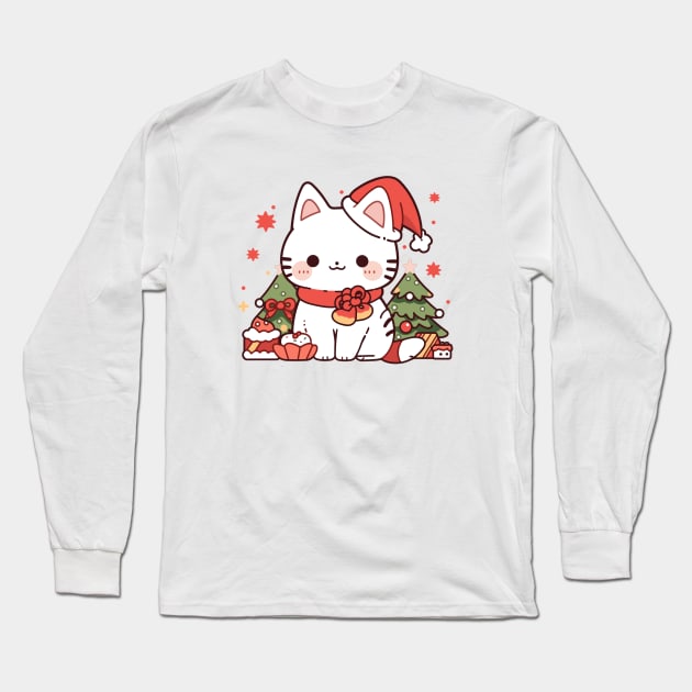 Adorable Christmas Kitten Long Sleeve T-Shirt by Retroprints